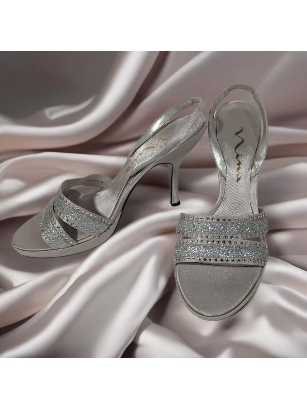Shoes Wedding Nina Silver Luster Sequin Sling Back Heels Bling Crystals 6